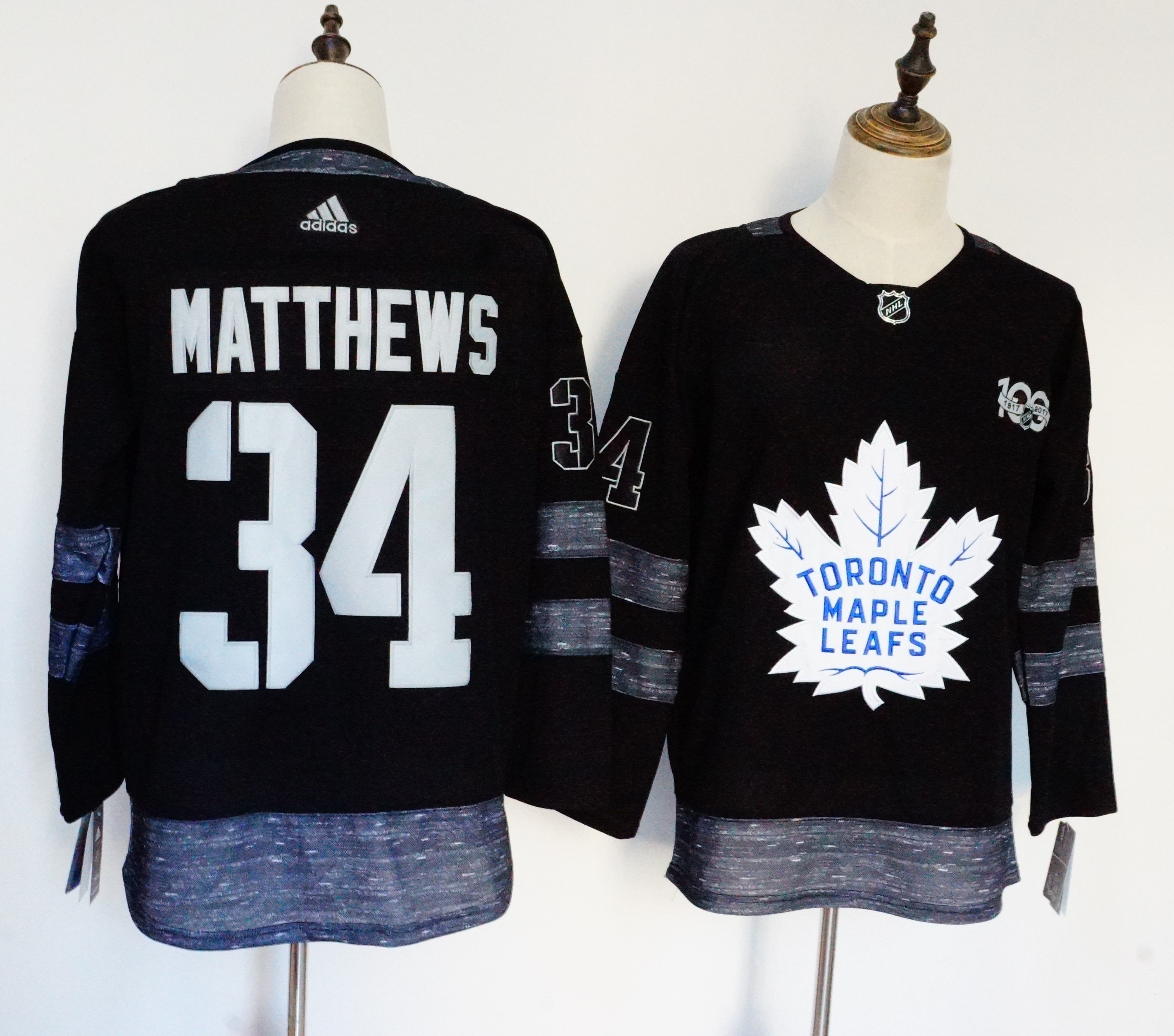 Men Toronto Maple Leafs #34 Matthews Black 100th Anniversary Stitched Adidas NHL Jerseys